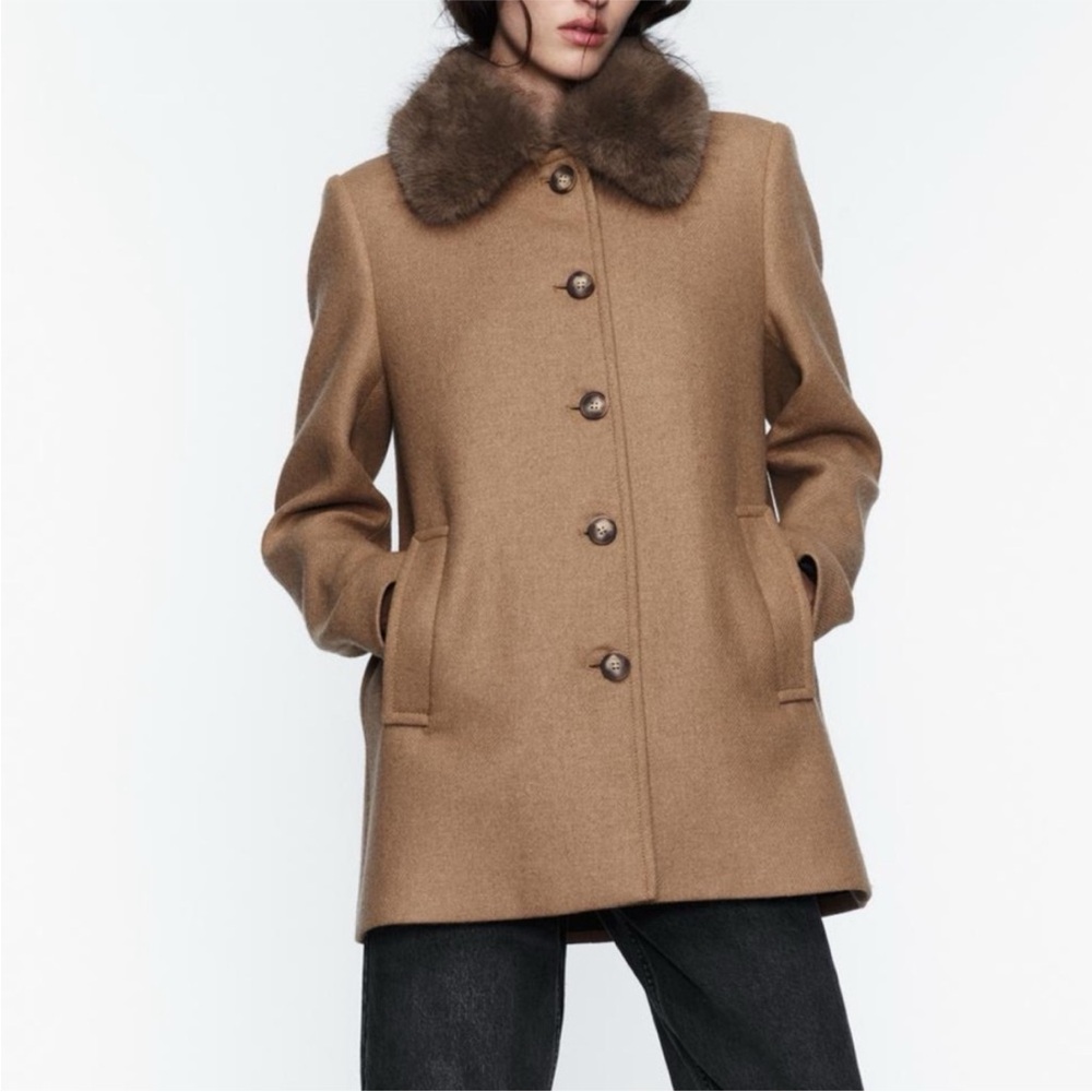 Zara Wool Blend Coat With Faux Fur Collar